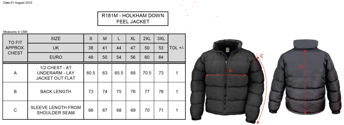 Garstang Volleyball Club Holkham Down Feel Jacket - Size Guide