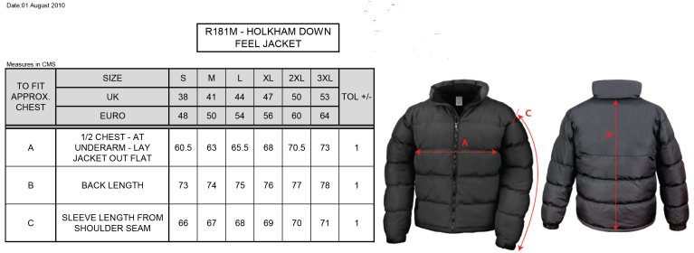 Garstang Volleyball Club Holkham Down Feel Jacket - Size Guide