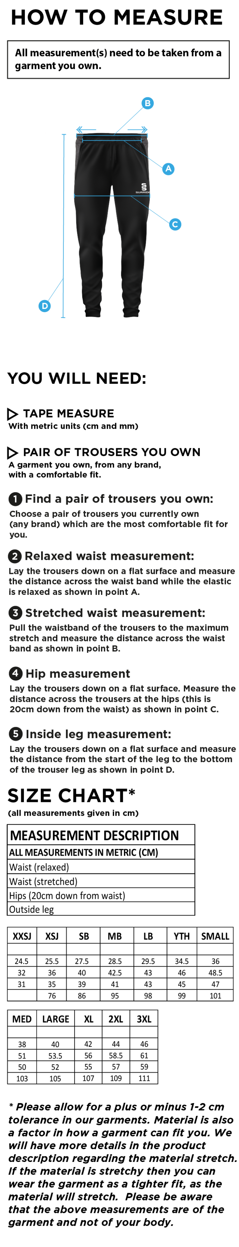 Garstang Volleyball Club Tek Slim Training Pants - Size Guide