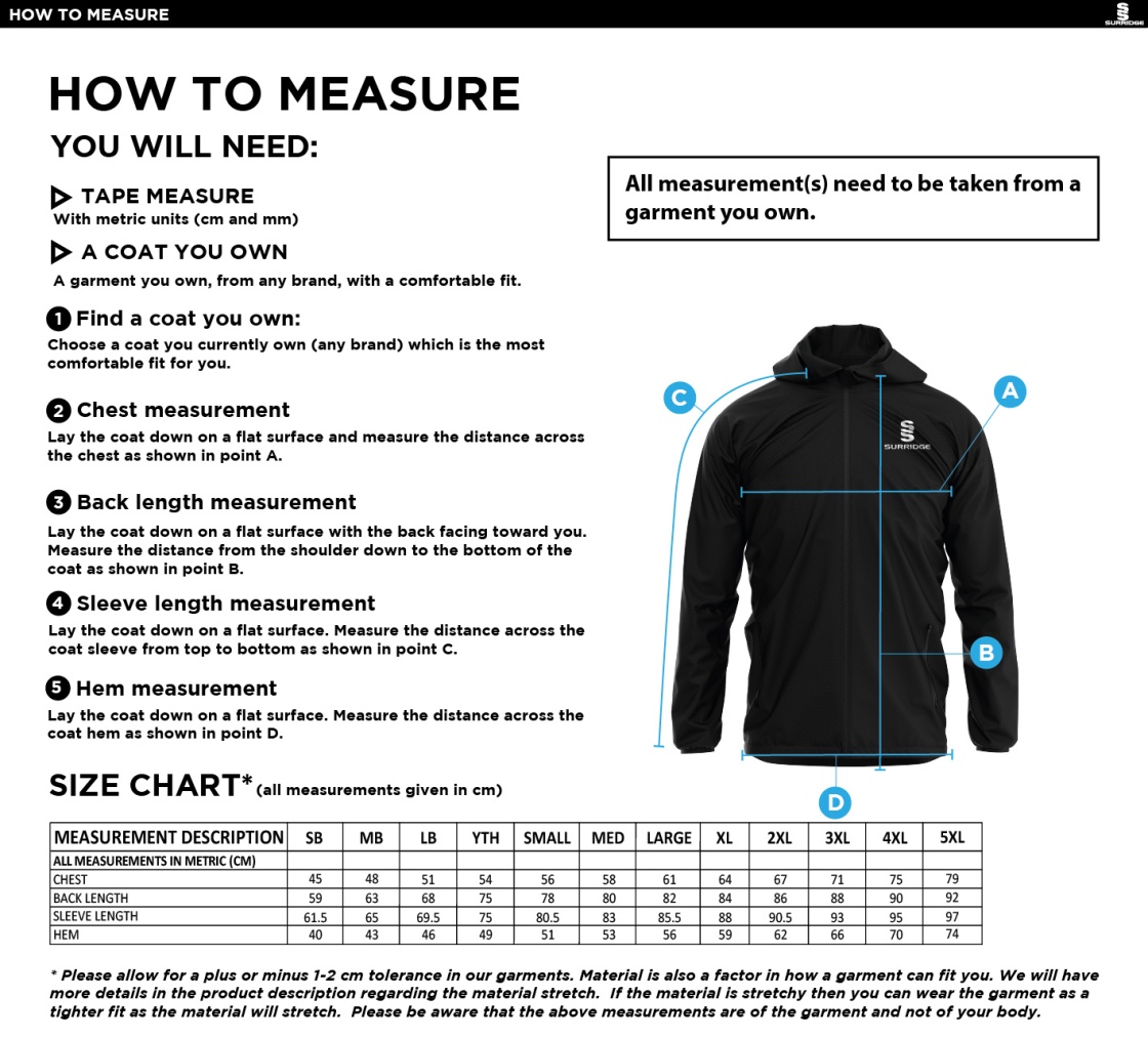 Garstang Volleyball Club Full Zip Training Jacket - Size Guide