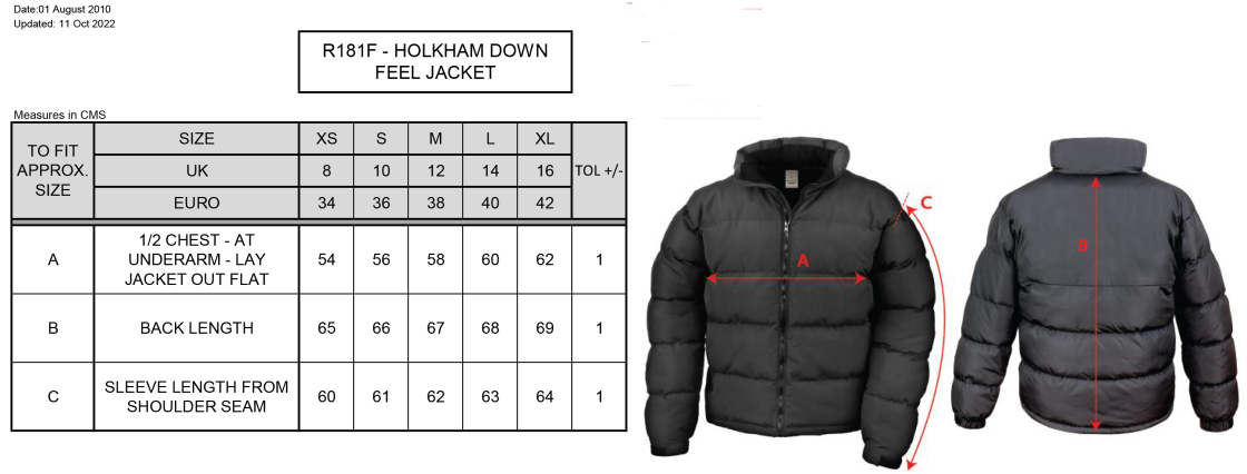 Garstang Volleyball Club Women's Holkham Down Feel Jacket - Size Guide