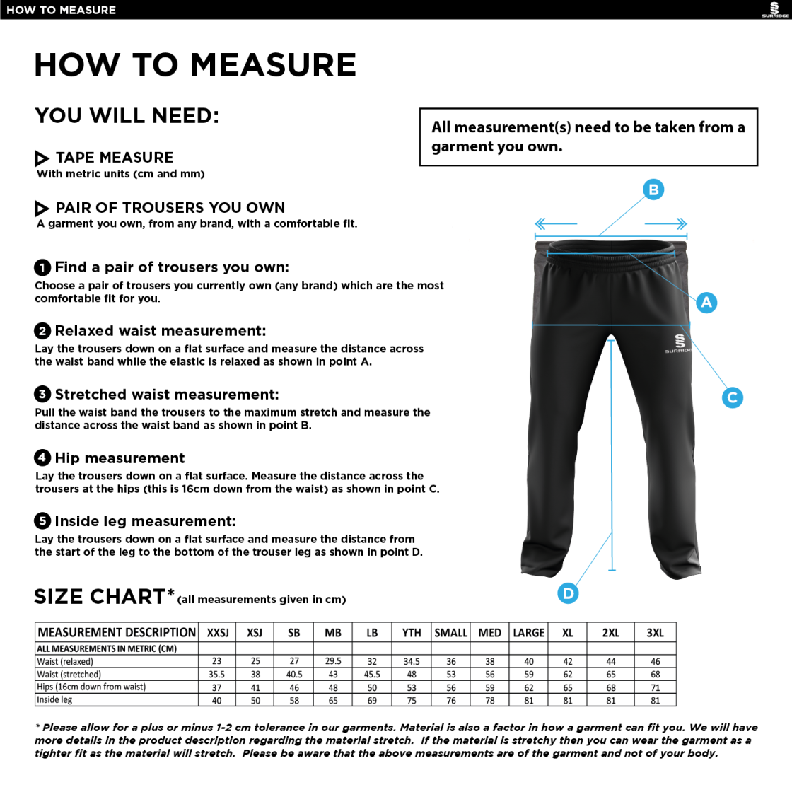 Garstang Volleyball Club Men's Tracksuit Pant - Size Guide