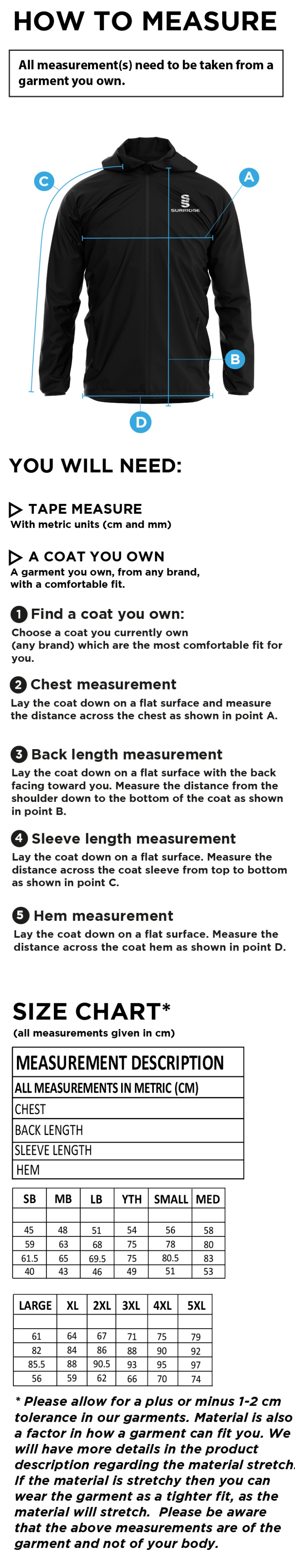 Garstang Volleyball Club Full Zip Training Jacket - Size Guide