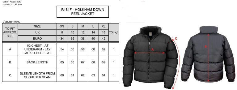 Garstang Volleyball Club Women's Holkham Down Feel Jacket - Size Guide