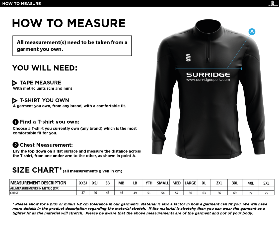 Garstang Volleyball Club 1/4 Zip Performance Top - Size Guide