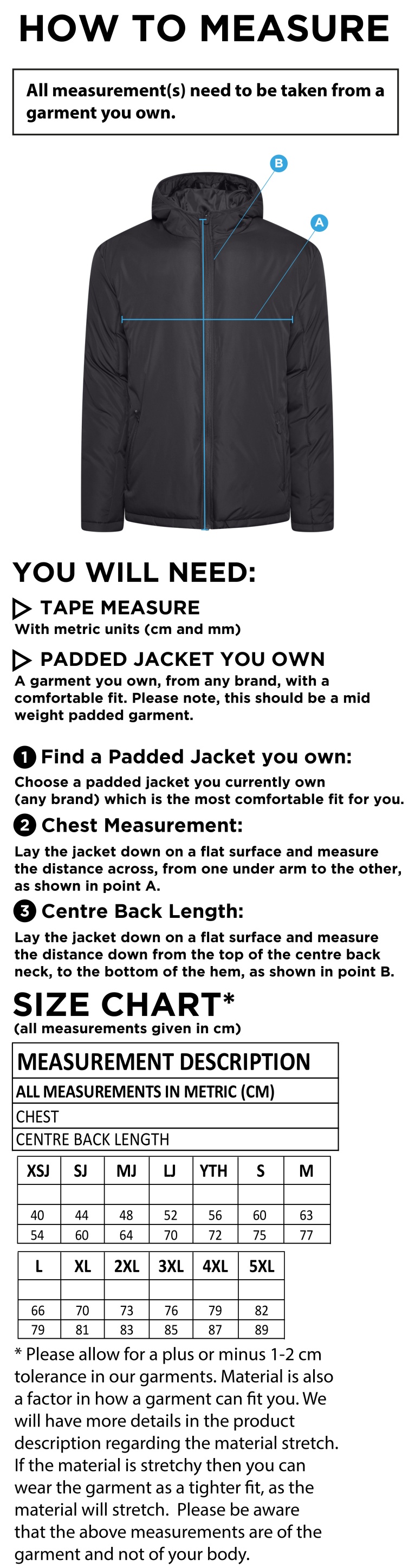 Garstang Volleyball Club Padded Jacket - Size Guide