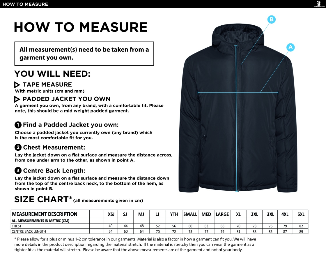 Garstang Volleyball Club Padded Jacket - Size Guide