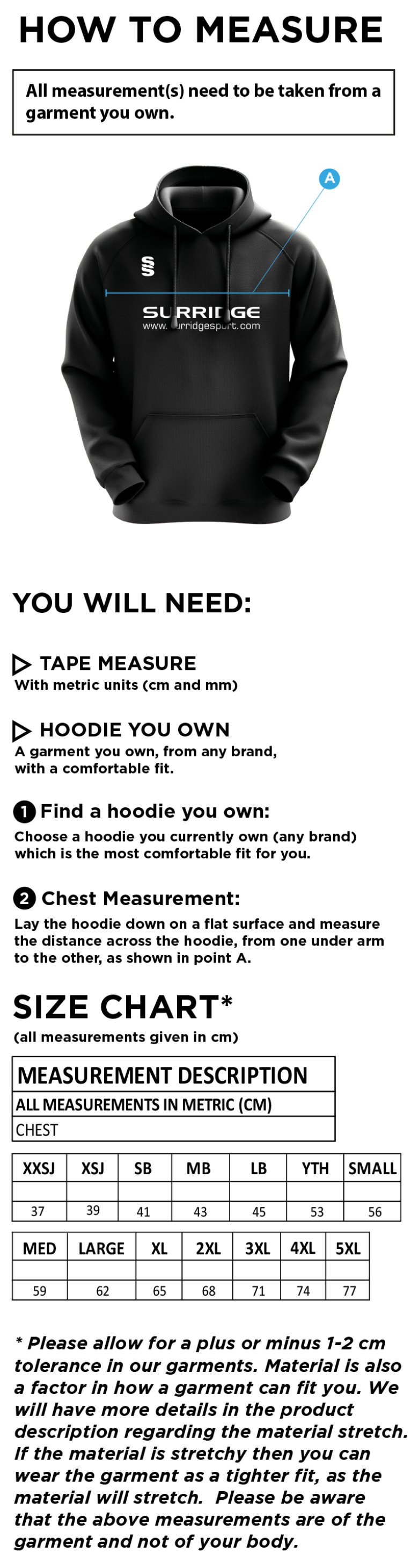 Garstang Volleyball Club Hoody - Size Guide