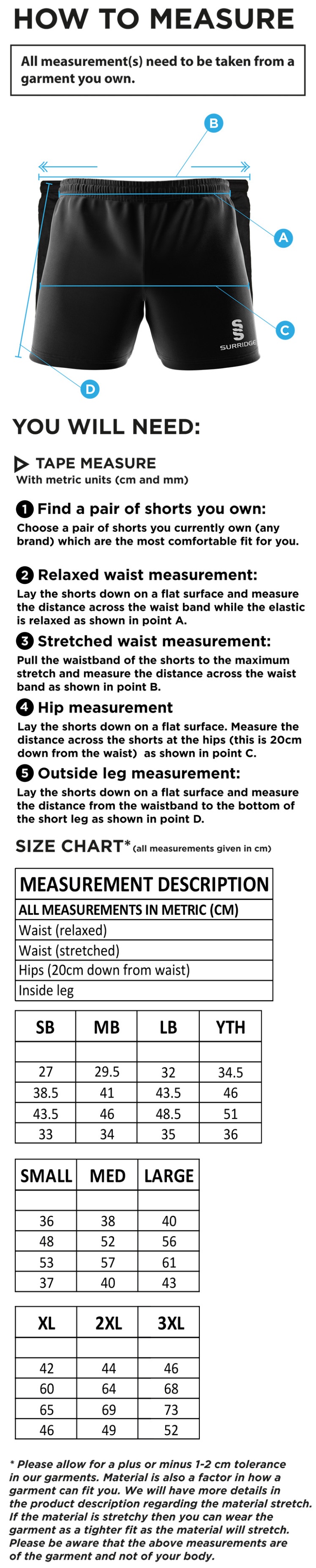 Garstang Volleyball Club Gym Short - Size Guide