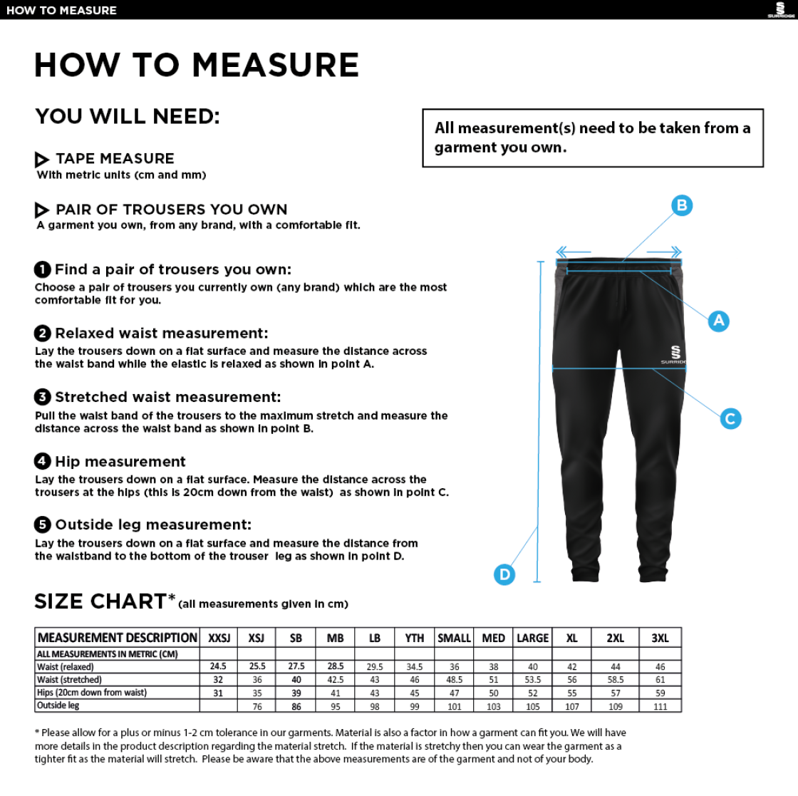 Garstang Volleyball Club Tek Slim Training Pants - Size Guide