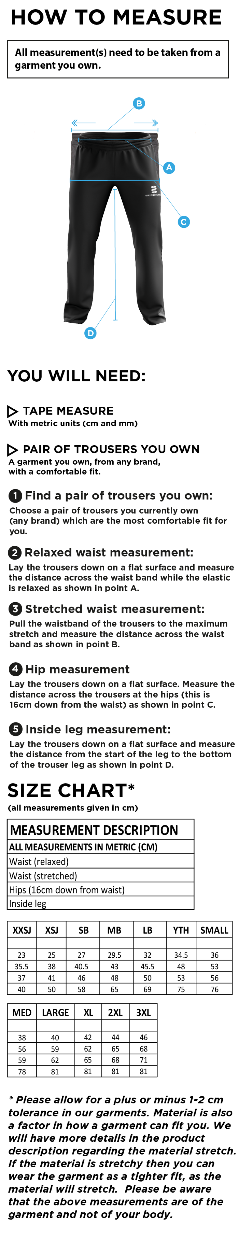 Garstang Volleyball Club Men's Tracksuit Pant - Size Guide