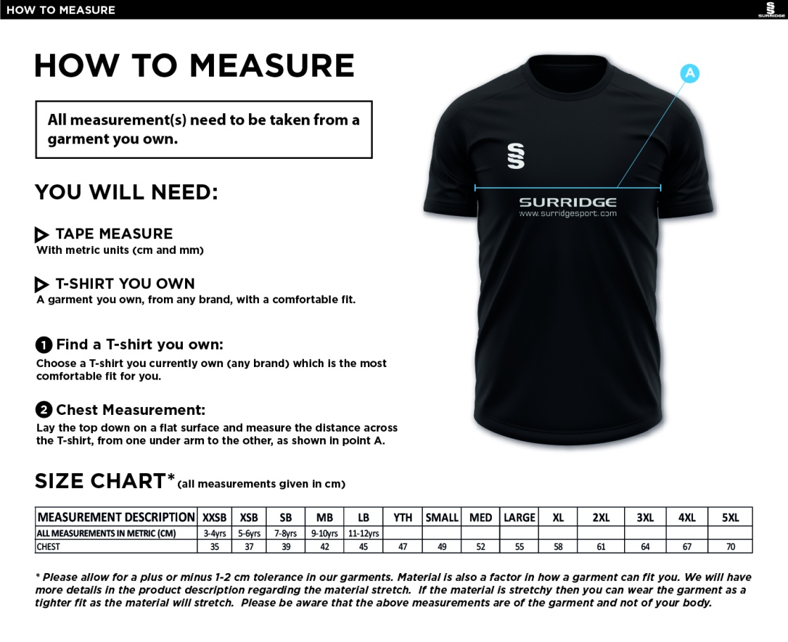 Garstang Volleyball Club Games Shirt - Size Guide