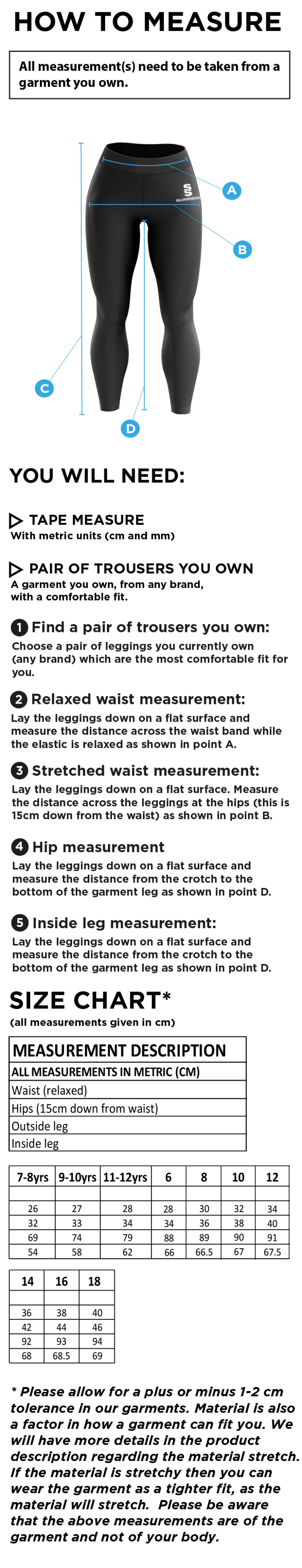 Garstang Volleyball Club Full Length Leggings - Size Guide