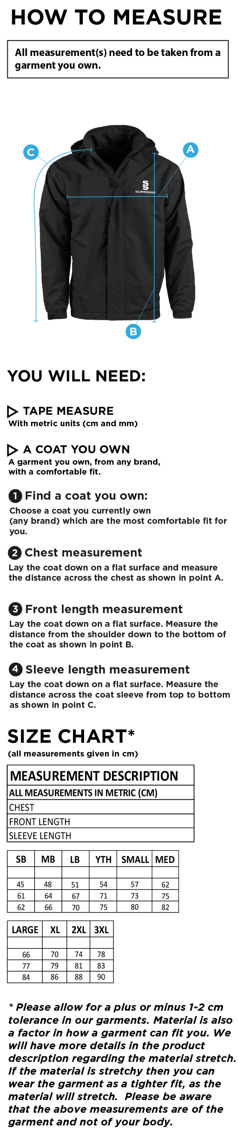 Garstang Volleyball Club Fleece Lined Jacket - Size Guide
