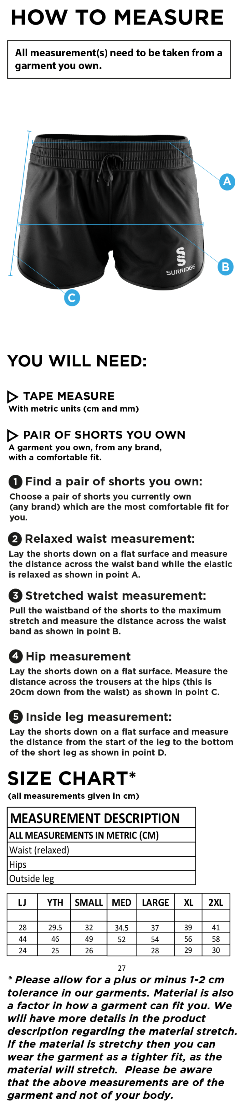 Garstang Volleyball Club Women's Active Short - Size Guide