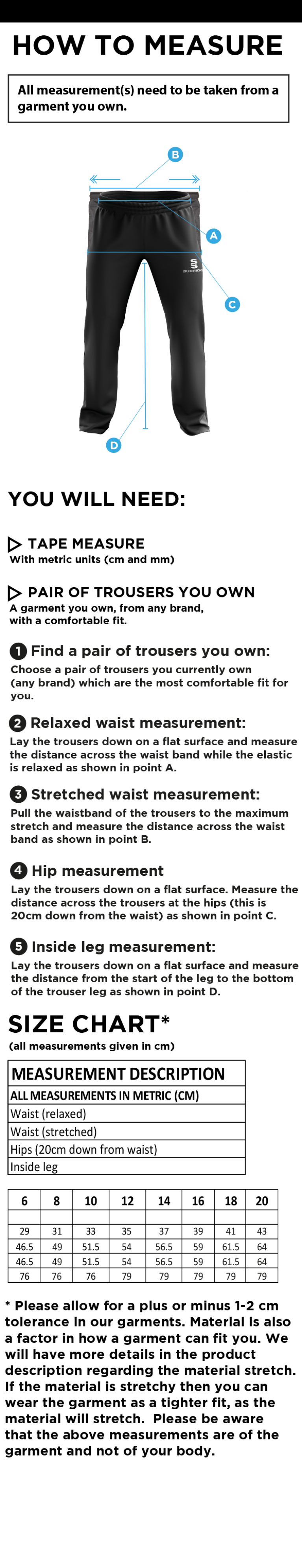 Garstang Volleyball Club Women's Tracksuit Pant - Size Guide