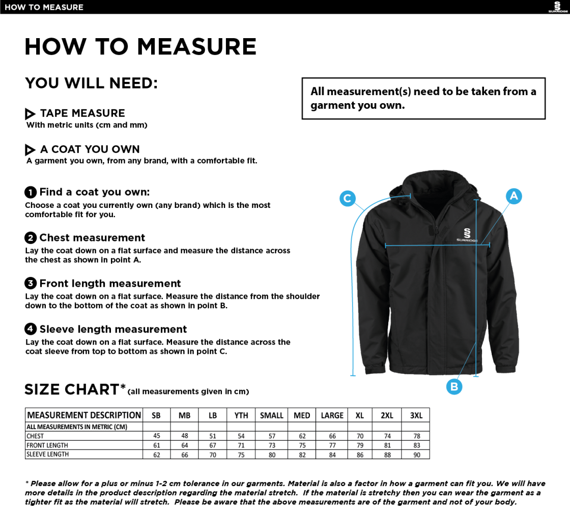Garstang Volleyball Club Fleece Lined Jacket - Size Guide