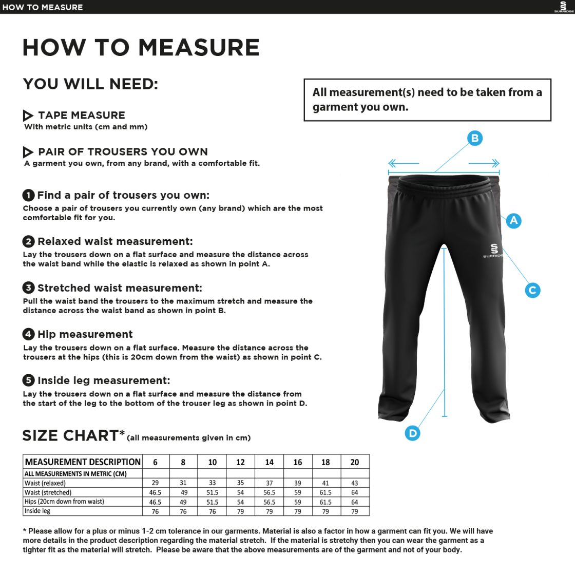 Garstang Volleyball Club Women's Tracksuit Pant - Size Guide