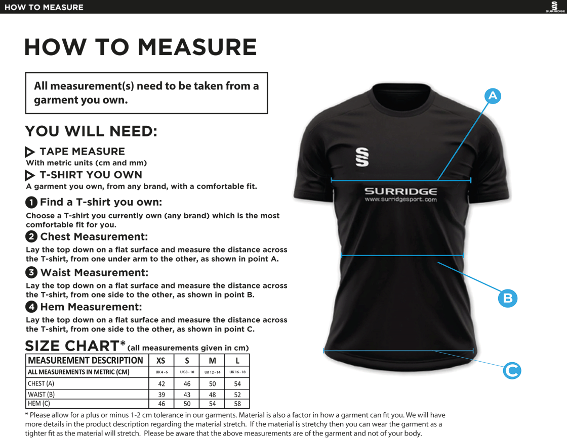 Garstang Volleyball Club Women's Games Shirt - Size Guide