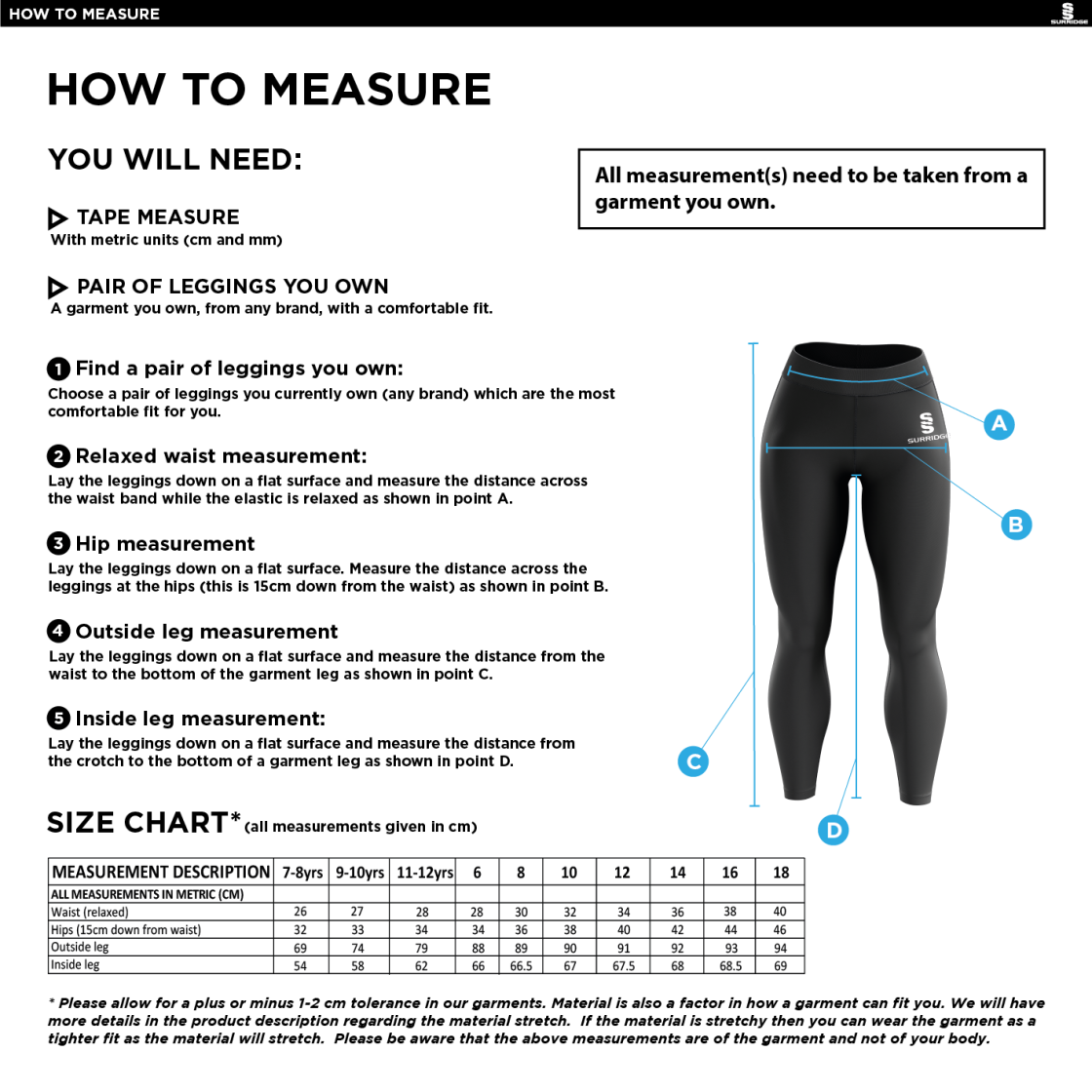 Garstang Volleyball Club Full Length Leggings - Size Guide