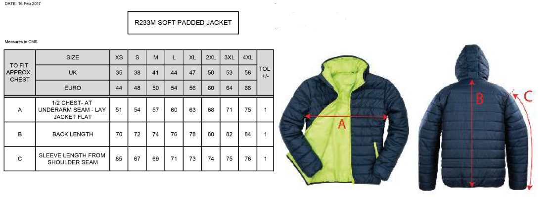 Garstang Volleyball Club Padded Jacket - Size Guide