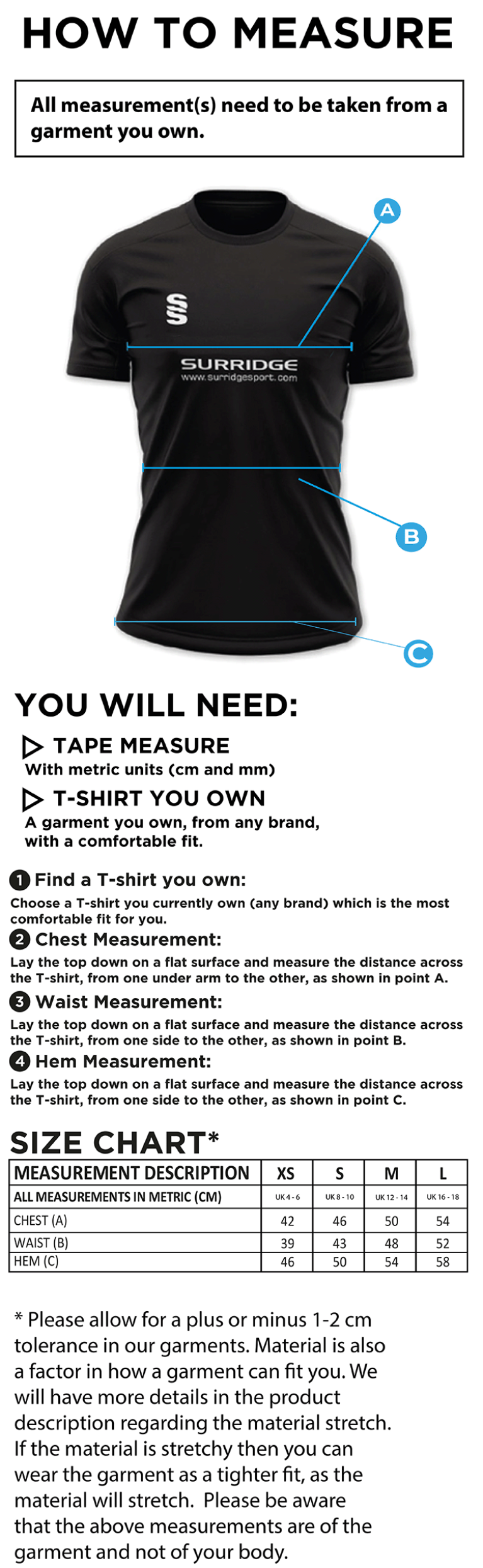 Garstang Volleyball Club Women's Polo Shirt - Size Guide
